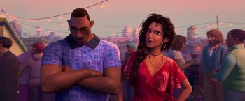 Movie still from “Spider-Man: Across the Spider-Verse” (2023), directed by Joaquim Dos Santos – A man and a woman standing next to each other; Close Up shot, Over the shoulder angle