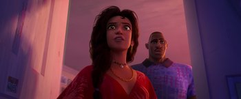 Movie still from “Spider-Man: Across the Spider-Verse” (2023), directed by Joaquim Dos Santos – A woman and a man standing next to each other; Close Up shot, Low angle