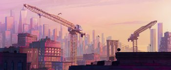 Movie still from “Spider-Man: Across the Spider-Verse” (2023), directed by Joaquim Dos Santos – A painting of a crane in the middle of a city; Extreme Wide shot, Low angle