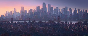 Movie still from “Spider-Man: Across the Spider-Verse” (2023), directed by Joaquim Dos Santos – A view of a city skyline at dusk; Extreme Wide shot, High angle