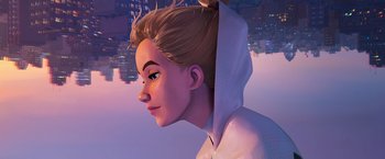 Movie still from “Spider-Man: Across the Spider-Verse” (2023), directed by Joaquim Dos Santos – A cartoon of a woman with a hood over her head; Close Up shot, Low angle