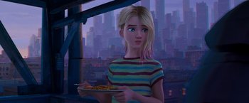 Movie still from “Spider-Man: Across the Spider-Verse” (2023), directed by Joaquim Dos Santos – A girl is holding a plate of food in her hands; Medium shot, Over the shoulder angle
