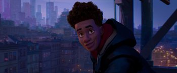 Movie still from “Spider-Man: Across the Spider-Verse” (2023), directed by Joaquim Dos Santos – A man with a curly afro is looking out a window; Medium shot, Over the shoulder angle