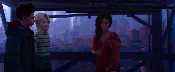 Movie still from “Spider-Man: Across the Spider-Verse” (2023), directed by Joaquim Dos Santos – An animated woman holding an umbrella in front of a city; Medium shot, Over the shoulder angle