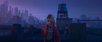Movie still from “Spider-Man: Across the Spider-Verse” (2023), directed by Joaquim Dos Santos – A woman standing on top of a building in the middle of the night; Medium shot, Over the shoulder angle