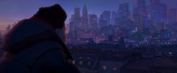 Movie still from “Spider-Man: Across the Spider-Verse” (2023), directed by Joaquim Dos Santos – A man looking out over a city at night; Close Up shot, Over the shoulder angle