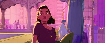Movie still from “Spider-Man: Across the Spider-Verse” (2023), directed by Joaquim Dos Santos – A woman standing next to a man in a purple shirt; Medium shot, Over the shoulder angle