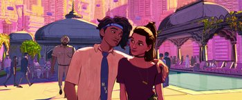 Movie still from “Spider-Man: Across the Spider-Verse” (2023), directed by Joaquim Dos Santos – A man and a woman standing next to each other in front of buildings; Medium shot, Over the shoulder angle