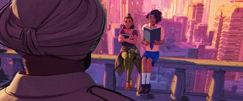 Movie still from “Spider-Man: Across the Spider-Verse” (2023), directed by Joaquim Dos Santos – Two women are sitting on a balcony reading books; Wide shot, Over the shoulder angle