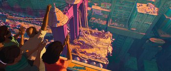 Movie still from “Spider-Man: Across the Spider-Verse” (2023), directed by Joaquim Dos Santos – A person standing in front of a building with a clock; Extreme Wide shot, Overhead angle