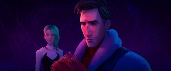 Movie still from “Spider-Man: Across the Spider-Verse” (2023), directed by Joaquim Dos Santos – A man and a woman are standing in a purple room; Close Up shot, Over the shoulder angle