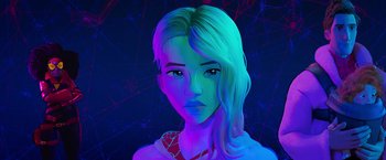 Movie still from “Spider-Man: Across the Spider-Verse” (2023), directed by Joaquim Dos Santos – A woman with blonde hair and a spider - man shirt on; Close Up shot, Low angle