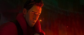 Movie still from “Spider-Man: Across the Spider-Verse” (2023), directed by Joaquim Dos Santos – A man in a red jacket is looking down; Close Up shot, Over the shoulder angle