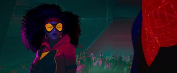 Movie still from “Spider-Man: Across the Spider-Verse” (2023), directed by Joaquim Dos Santos – An illustration of a woman in a crowd of people; Medium shot, Over the shoulder angle