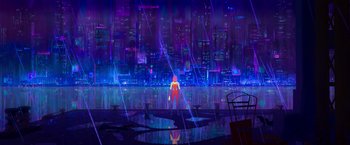 Movie still from “Spider-Man: Across the Spider-Verse” (2023), directed by Joaquim Dos Santos – A woman standing in front of a city at night; Extreme Wide shot, Low angle