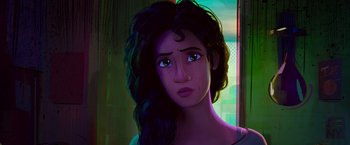 Movie still from “Spider-Man: Across the Spider-Verse” (2023), directed by Joaquim Dos Santos – A woman with long black curly hair is looking at the camera; Close Up shot, Over the shoulder angle