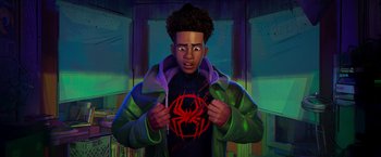 Movie still from “Spider-Man: Across the Spider-Verse” (2023), directed by Joaquim Dos Santos – A young man in a spider - man costume; Medium shot, Overhead angle