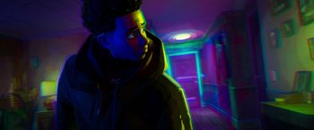 Movie still from “Spider-Man: Across the Spider-Verse” (2023), directed by Joaquim Dos Santos – A man in a jacket standing in a room with neon lights; Close Up shot, Over the shoulder angle