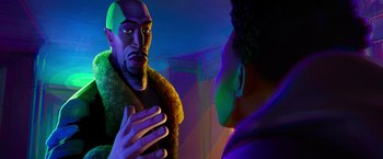 Movie still from “Spider-Man: Across the Spider-Verse” (2023), directed by Joaquim Dos Santos – An animated scene of a man talking to another man; Close Up shot, Over the shoulder angle