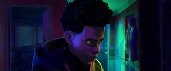 Movie still from “Spider-Man: Across the Spider-Verse” (2023), directed by Joaquim Dos Santos – An image of a man with a strange look on his face; Close Up shot, Over the shoulder angle