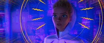 Movie still from “Spider-Man: Across the Spider-Verse” (2023), directed by Joaquim Dos Santos – A woman with blonde hair and blue eyes in front of a purple background; Close Up shot, Low angle