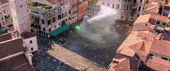 Movie still from “Spider-Man: Far from Home” (2019), directed by Jon Watts – An aerial view of a street with a large amount of trash; Extreme Wide shot, High angle