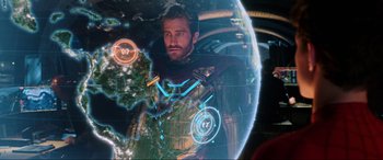 Movie still from “Spider-Man: Far from Home” (2019), directed by Jon Watts – A person in a space suit; Medium shot, Over the shoulder angle