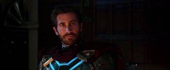 Movie still from “Spider-Man: Far from Home” (2019), directed by Jon Watts – A person wearing a suit of armor; Close Up shot, Over the shoulder angle