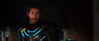 Movie still from “Spider-Man: Far from Home” (2019), directed by Jon Watts – A person wearing a suit of armor; Medium shot, Over the shoulder angle