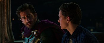Movie still from “Spider-Man: Far from Home” (2019), directed by Jon Watts – A man and a woman are talking to each other; Close Up shot, Over the shoulder angle