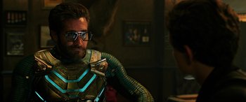 Movie still from “Spider-Man: Far from Home” (2019), directed by Jon Watts – A person wearing a costume; Medium shot, Over the shoulder angle