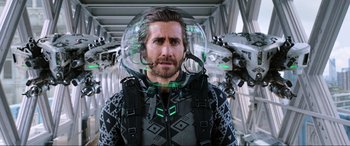 Movie still from “Spider-Man: Far from Home” (2019), directed by Jon Watts – A man wearing a space suit and a helmet; Medium shot, Over the shoulder angle