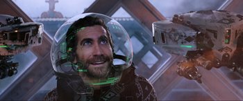 Movie still from “Spider-Man: Far from Home” (2019), directed by Jon Watts – A man wearing a space suit and a helmet; Close Up shot, Over the shoulder angle