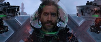Movie still from “Spider-Man: Far from Home” (2019), directed by Jon Watts – A person wearing a space helmet; Close Up shot, Low angle