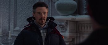 Movie still from “Spider-Man: No Way Home” (2021), directed by Jon Watts – A person wearing a jacket; Close Up shot, Over the shoulder angle