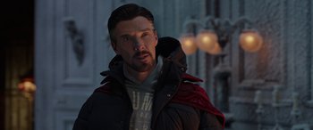 Movie still from “Spider-Man: No Way Home” (2021), directed by Jon Watts – A person wearing a jacket; Close Up shot, Over the shoulder angle