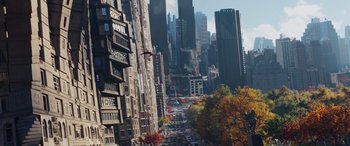 Movie still from “Spider-Man: No Way Home” (2021), directed by Jon Watts – An aerial view of a busy city with tall skyscrapers; Extreme Wide shot, High angle