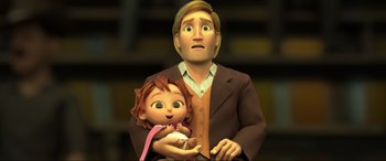 Movie still from “Spirit Untamed” (2021), directed by Ennio Torresan – An animated man holding a little girl in his arms; Medium shot, Low angle