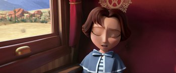 Movie still from “Spirit Untamed” (2021), directed by Ennio Torresan – A cartoon of a girl with a blue dress and a blue bow tie; Close Up shot, High angle