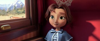 Movie still from “Spirit Untamed” (2021), directed by Ennio Torresan – A cartoon of a girl with brown hair and a blue dress; Close Up shot, High angle
