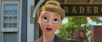 Movie still from “Spirit Untamed” (2021), directed by Ennio Torresan – A cartoon of a woman with a surprised look on her face; Close Up shot, Over the shoulder angle