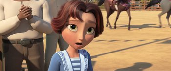 Movie still from “Spirit Untamed” (2021), directed by Ennio Torresan – A cartoon girl with brown hair and green eyes looking surprised; Close Up shot, Low angle