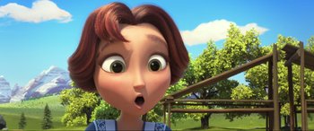 Movie still from “Spirit Untamed” (2021), directed by Ennio Torresan – A cartoon of a woman with a surprised look on her face; Close Up shot, Low angle