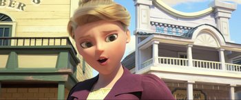 Movie still from “Spirit Untamed” (2021), directed by Ennio Torresan – A woman with blonde hair and a purple jacket; Close Up shot, Low angle