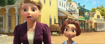 Movie still from “Spirit Untamed” (2021), directed by Ennio Torresan – Two animated characters are standing in front of a building; Close Up shot, Low angle