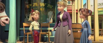 Movie still from “Spirit Untamed” (2021), directed by Ennio Torresan – A woman and a boy in a cartoon setting; Wide shot, Over the shoulder angle
