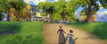 Movie still from “Spirit Untamed” (2021), directed by Ennio Torresan – An illustration of a woman and a girl holding hands; Extreme Wide shot, High angle