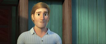 Movie still from “Spirit Untamed” (2021), directed by Ennio Torresan – A cartoon of a man with a surprised look on his face; Close Up shot, Over the shoulder angle