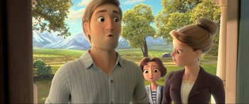 Movie still from “Spirit Untamed” (2021), directed by Ennio Torresan – A man standing next to two women and a man with his mouth wide open; Close Up shot, Over the shoulder angle