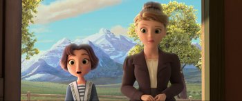Movie still from “Spirit Untamed” (2021), directed by Ennio Torresan – Two animated women standing next to each other in front of a mountain; Medium shot, Low angle